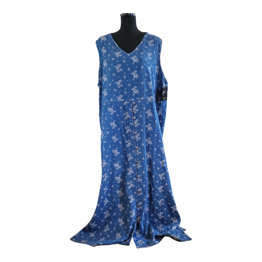 Jane Ashley 3XL Blue Floral Cotton Denim Maxi Dress Sleeveless Button Front NWT